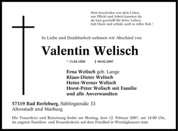 Traueranzeige von Valentin Welisch von Tageszeitung