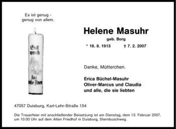 Traueranzeige von Helene Masuhr von Tageszeitung