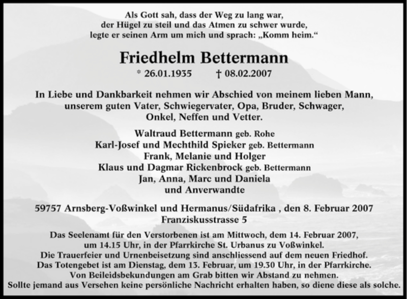  Traueranzeige für Friedhelm Bettermann vom 10.02.2007 aus Tageszeitung