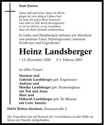 Traueranzeige von Heinz Landsberger von Tageszeitung