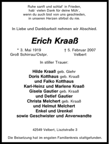 Traueranzeige von Erich Kraaß von Tageszeitung