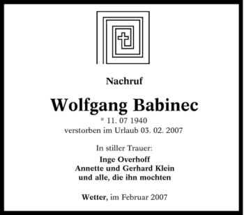 Traueranzeige von Wolfgang Babinec von Tageszeitung