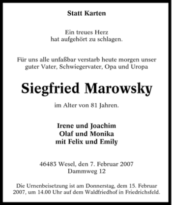 Traueranzeige von Siegfried Marowsky von Tageszeitung