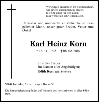 Traueranzeigen von Karl Heinz Korn TrauerinNRW.de