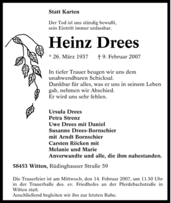 Traueranzeige von Heinz Drees von Tageszeitung