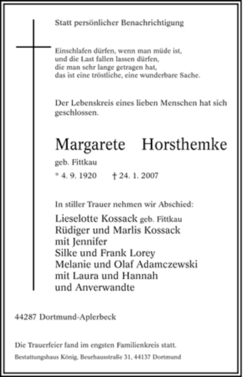 Traueranzeige von Margarete Horsthemke von Tageszeitung