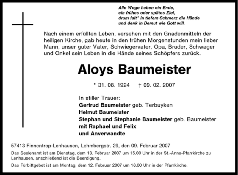  Traueranzeige für Aloys Baumeister vom 10.02.2007 aus Tageszeitung