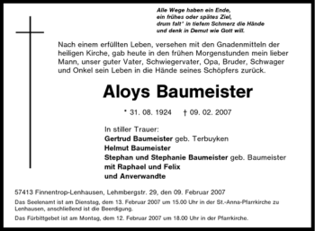Traueranzeige von Aloys Baumeister von Tageszeitung