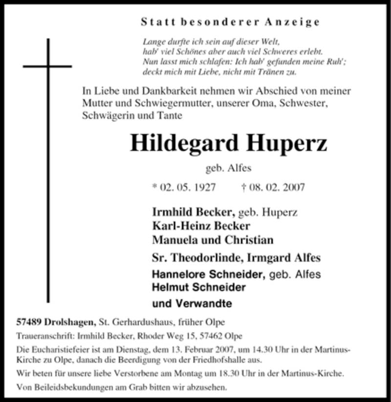  Traueranzeige für Hildegard Huperz vom 10.02.2007 aus Tageszeitung