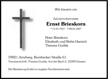 Traueranzeige von Ernst Brieskorn von Tageszeitung