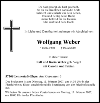 Traueranzeige von Wolfgang Weber von Tageszeitung