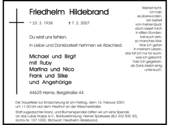 Traueranzeige von Friedhelm Hildebrand von Tageszeitung