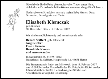 Traueranzeige von Elisabeth Klemczak von Tageszeitung