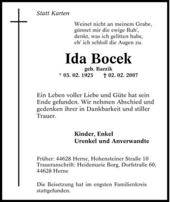 Traueranzeige von Ida Bocek von Tageszeitung