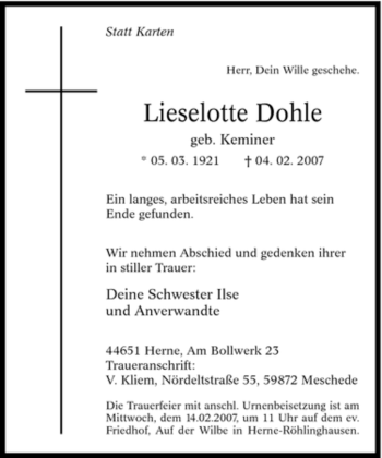 Traueranzeige von ieselotte Dohle von Tageszeitung