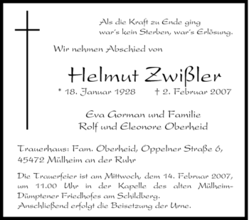 Traueranzeige von Helmut Zwißler von Tageszeitung