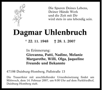 Traueranzeige von Dagmar Uhlenbruch von Tageszeitung