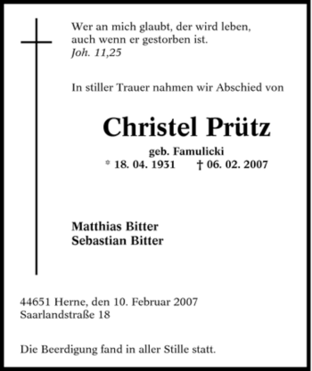 Traueranzeige von Christel Prütz von Tageszeitung