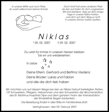 Traueranzeige von Niklas Viedenz von Tageszeitung