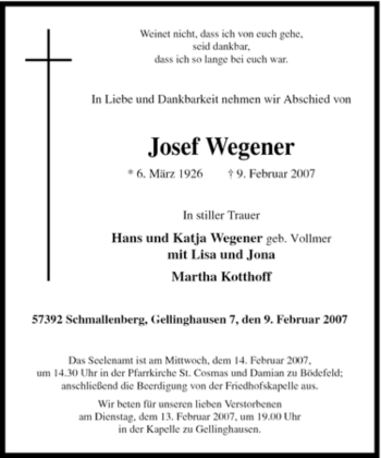 Traueranzeige von Josef Wegener von Tageszeitung