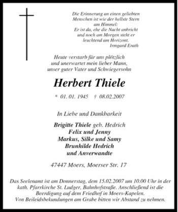 Traueranzeige von Herbert Thiele von Tageszeitung