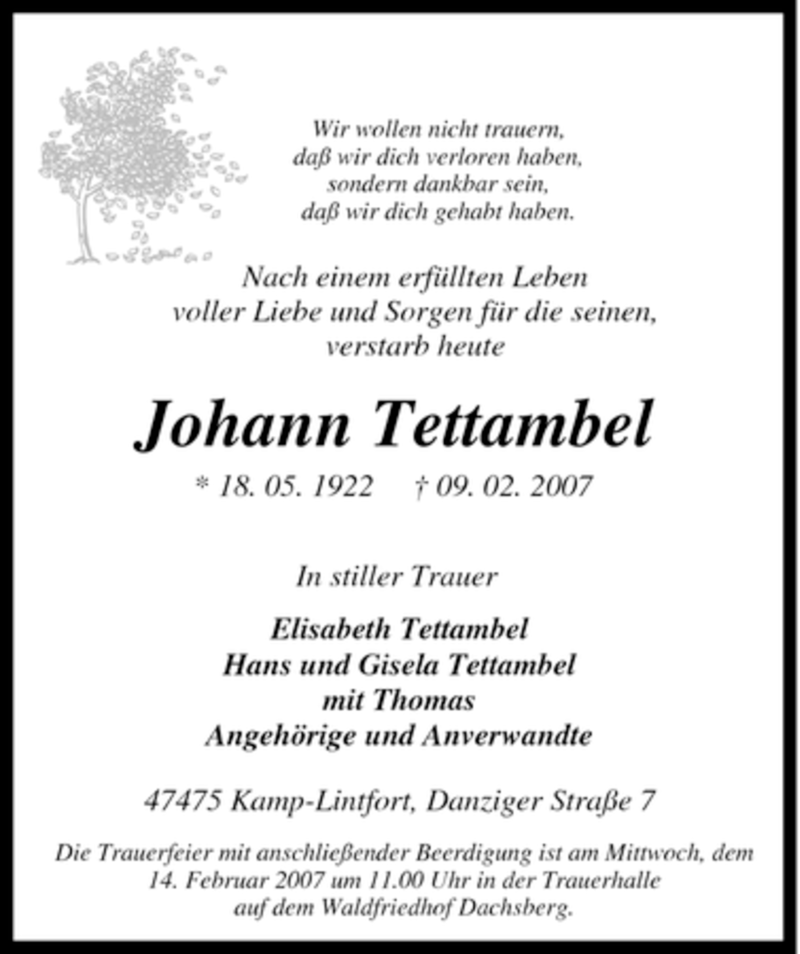  Traueranzeige für Johann Tettambel vom 12.02.2007 aus Tageszeitung