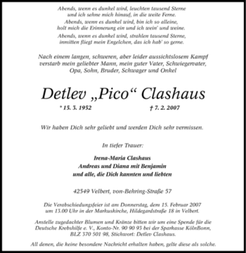 Traueranzeige von Detlev Clashaus von Tageszeitung