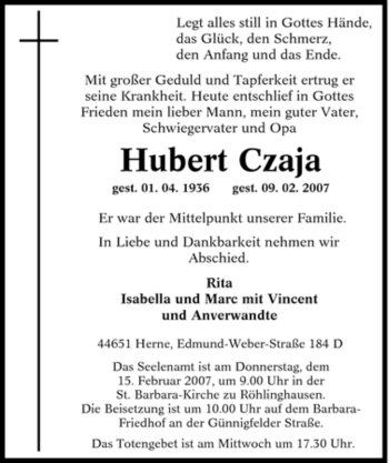 Traueranzeige von Hubert Czaja von Tageszeitung
