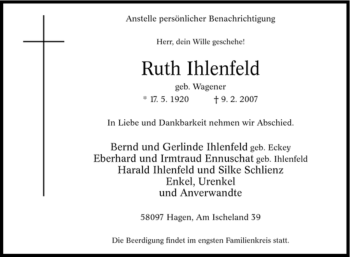 Traueranzeige von Ruth Ihlenfeld von Tageszeitung