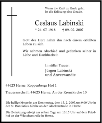 Traueranzeige von Ceslaus Labinski von Tageszeitung