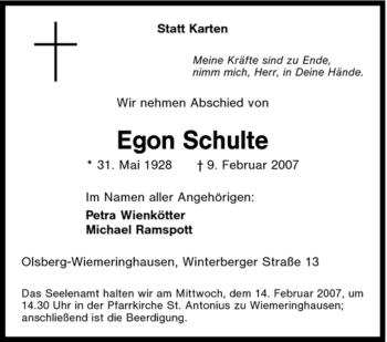 Traueranzeige von Egon Schulte von Tageszeitung