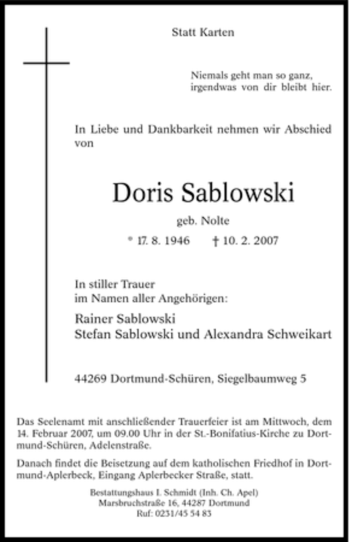 Traueranzeige von Doris Sablowski von Tageszeitung