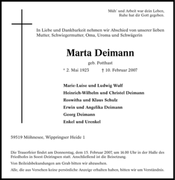 Traueranzeige von Maria Deimann von Tageszeitung