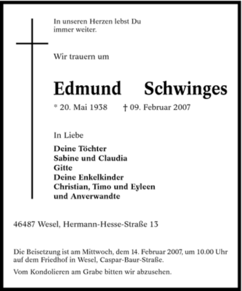Traueranzeige von Edmund Schwinges von Tageszeitung