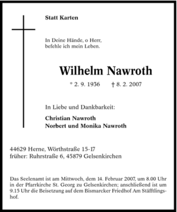 Traueranzeige von Wilhelm Nawroth von Tageszeitung