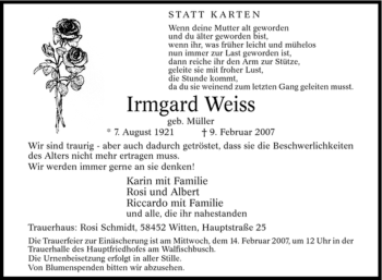 Traueranzeige von Irmgard Weiss von Tageszeitung