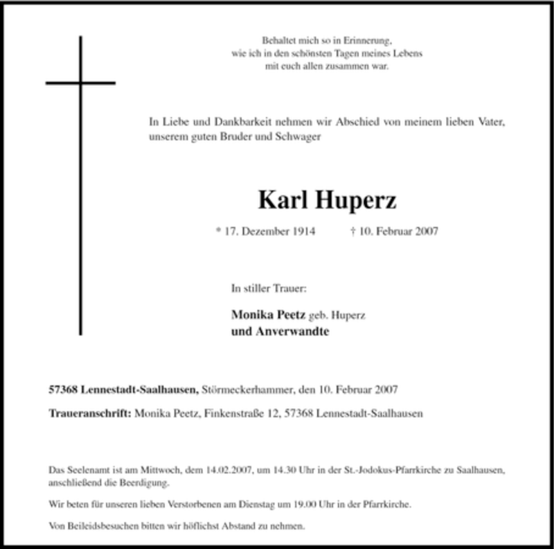  Traueranzeige für Karl Huperz vom 12.02.2007 aus Tageszeitung