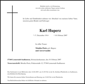 Traueranzeige von Karl Huperz von Tageszeitung