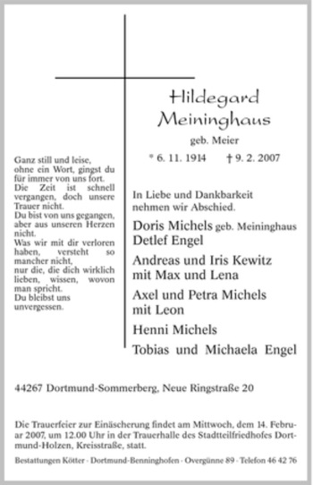 Traueranzeige von Hildegard Meininghaus von Tageszeitung