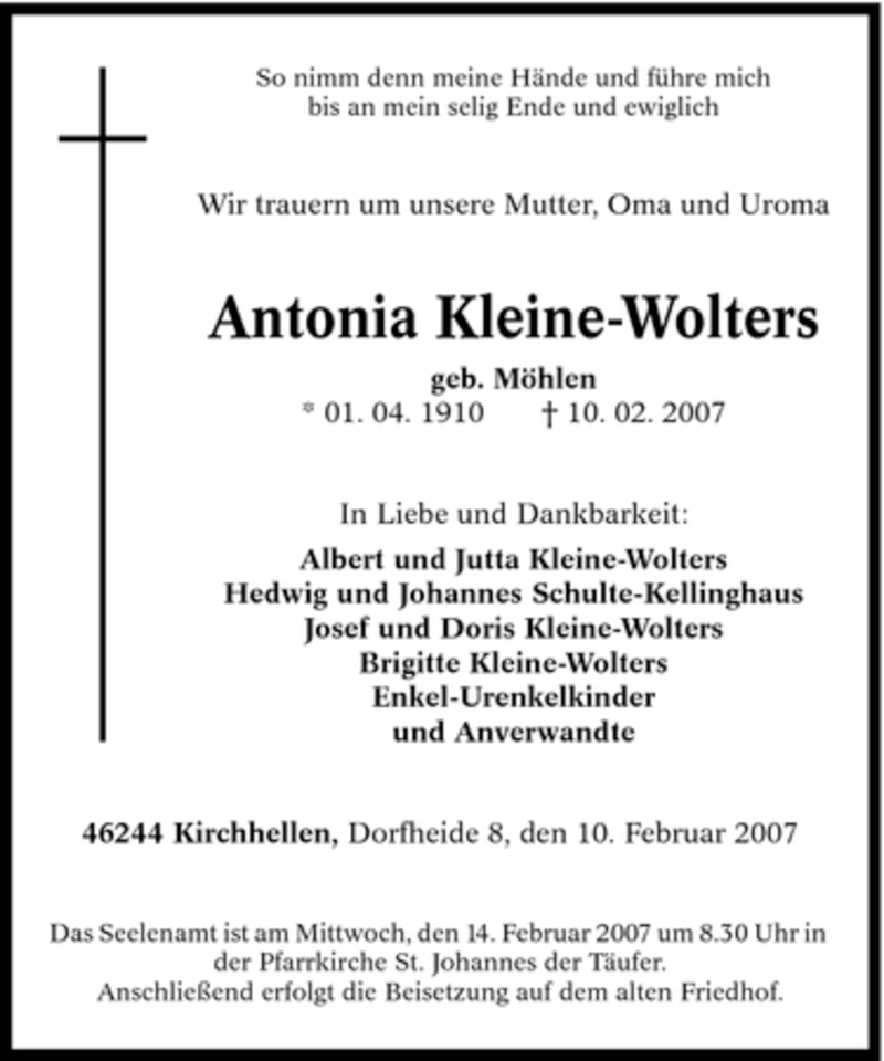  Traueranzeige für Antonia Kleine-Wolters vom 12.02.2007 aus Tageszeitung