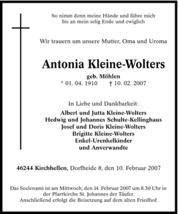 Traueranzeige von Antonia Kleine-Wolters von Tageszeitung