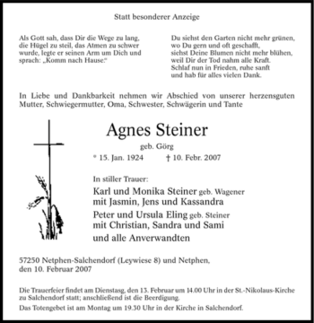 Traueranzeige von Agnes Steiner von Tageszeitung