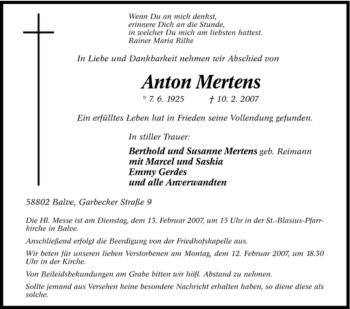Traueranzeige von Anton Mertens von Tageszeitung