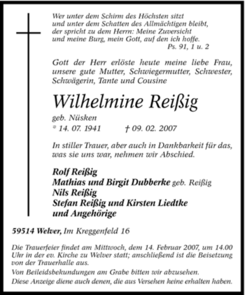 Traueranzeige von Wilhelmine Reißig von Tageszeitung