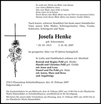 Traueranzeige von Josefa Henke von Tageszeitung
