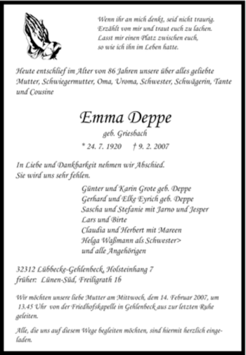 Traueranzeige von Emma Deppe von Tageszeitung