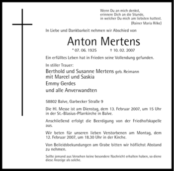 Traueranzeige von Anton Mertens von Tageszeitung