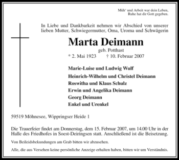 Traueranzeige von Marta Deimann von Tageszeitung