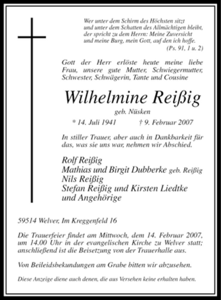  Traueranzeige für Wilhelmine Reißig vom 12.02.2007 aus Tageszeitung