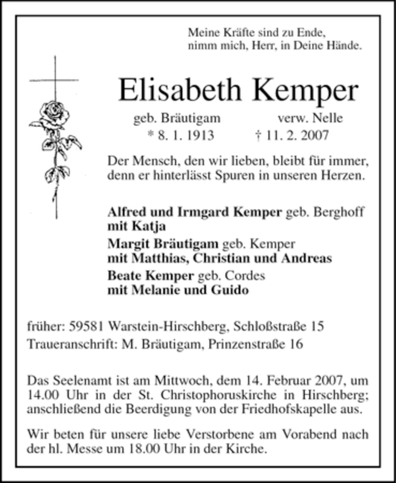  Traueranzeige für Elisabeth Kemper vom 12.02.2007 aus Tageszeitung